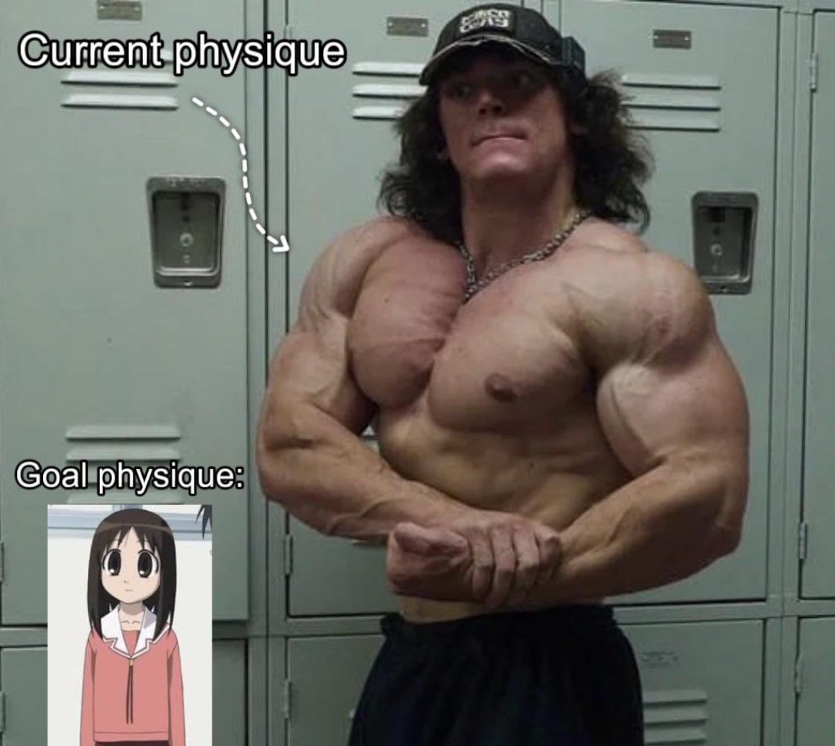 Current physique goal physique Мем с бодибилдером и аниме-девочкой, где бодибилдер показывает свою текущую форму, а внизу подпись "Целевая форма" с изображением аниме-девочки. Это является юмористическим сравнением противоположных идеалов телосложения.
