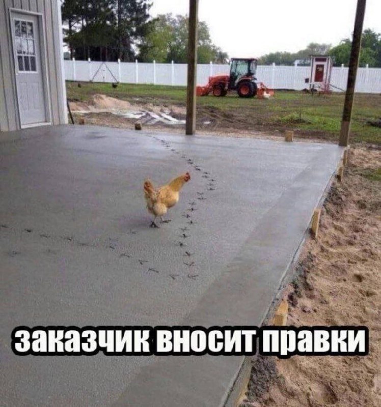 Заказчик вносит правки Курица оставила следы на свежезалитом бетоне, а подпись гласит: Заказчик вносит правки.