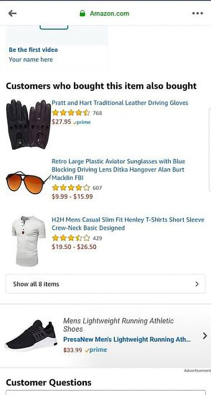 Customers who bought this item also bought перчатки Скриншот страницы Amazon с разделом «Покупатели, купившие этот товар, также купили», где среди предложенных товаров видны кожаные перчатки, очки-авиаторы, футболка хенли и кроссовки.