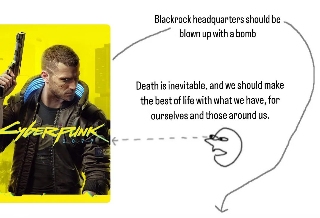 Cyberpunk 2077 и мысли человечка Мем с игрой Cyberpunk 2077 и человечком, который думает о разном