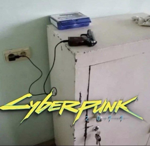 Старая бытовая техника с логотипом Cyberpunk 2077 выглядит как бюджетная версия киберпанка.