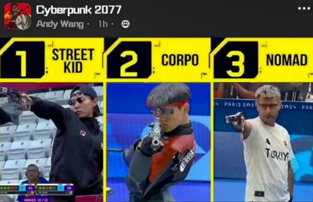 Киберпанк 2077 стрельба Мем "Киберпанк 2077 стрельба" с участниками соревнований по стрельбе, стилизованными под классы персонажей игры.