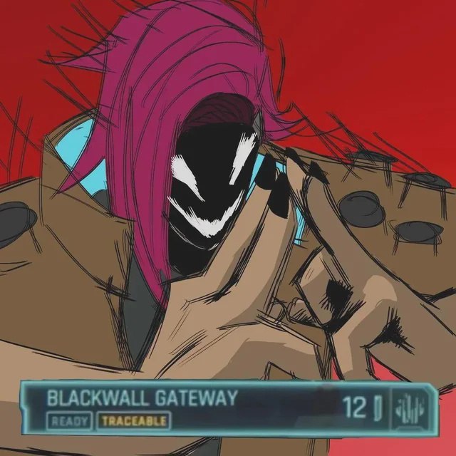 Мем с персонажем из игры Cyberpunk, у которого черное лицо с белой улыбкой и розовые волосы, а также надпись Blackwall Gateway