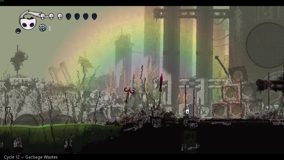 Игровой скриншот Rain World: персонаж исследует Мусорные пустоши на 12-м цикле среди руин и опасных существ