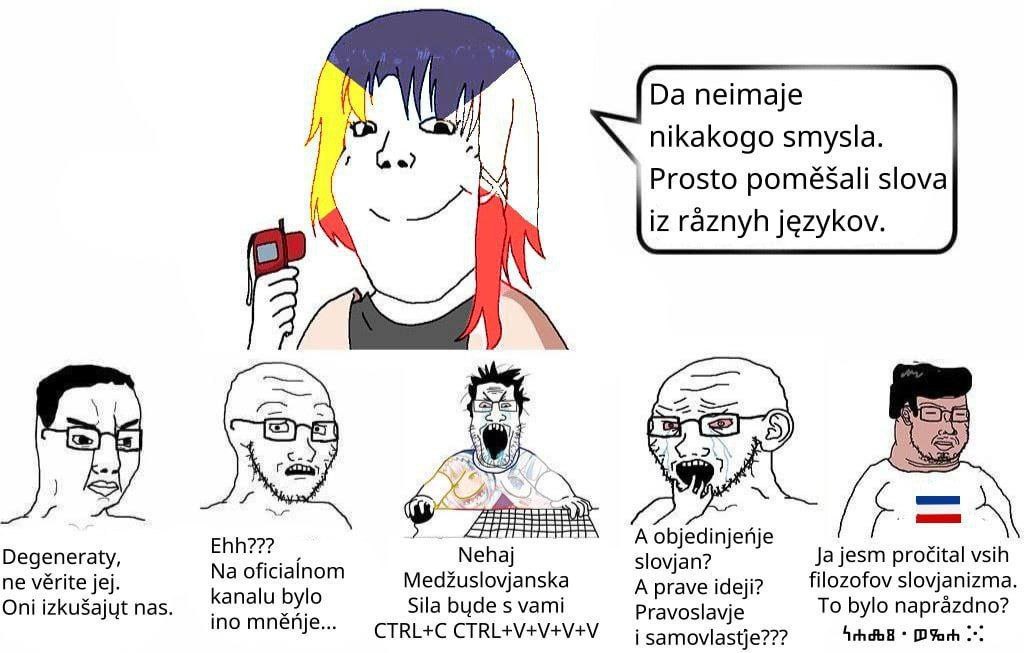 Da neimaje nikakogo smysla Мем «Da neimaje nikakogo smysla» с персонажами wojak, обсуждающими межславянский язык