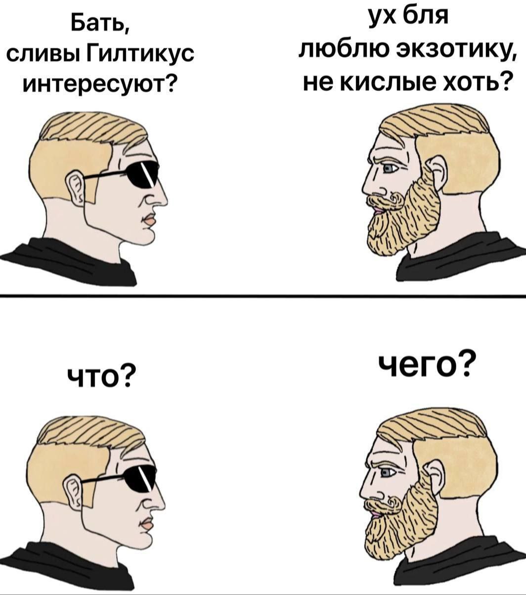 Бать, сливы Гилтикуc интересуют Мем, где сын спрашивает отца про "сливы Гилтикуc", а отец, думая о фруктах, уточняет: "не кислые хоть?"