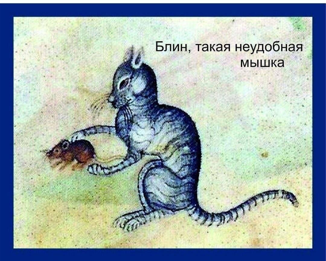 Блин, такая неудобная мышка Мем, на котором изображена старинная иллюстрация кота, держащего в лапе мышь, и надпись «Блин, такая неудобная мышка»