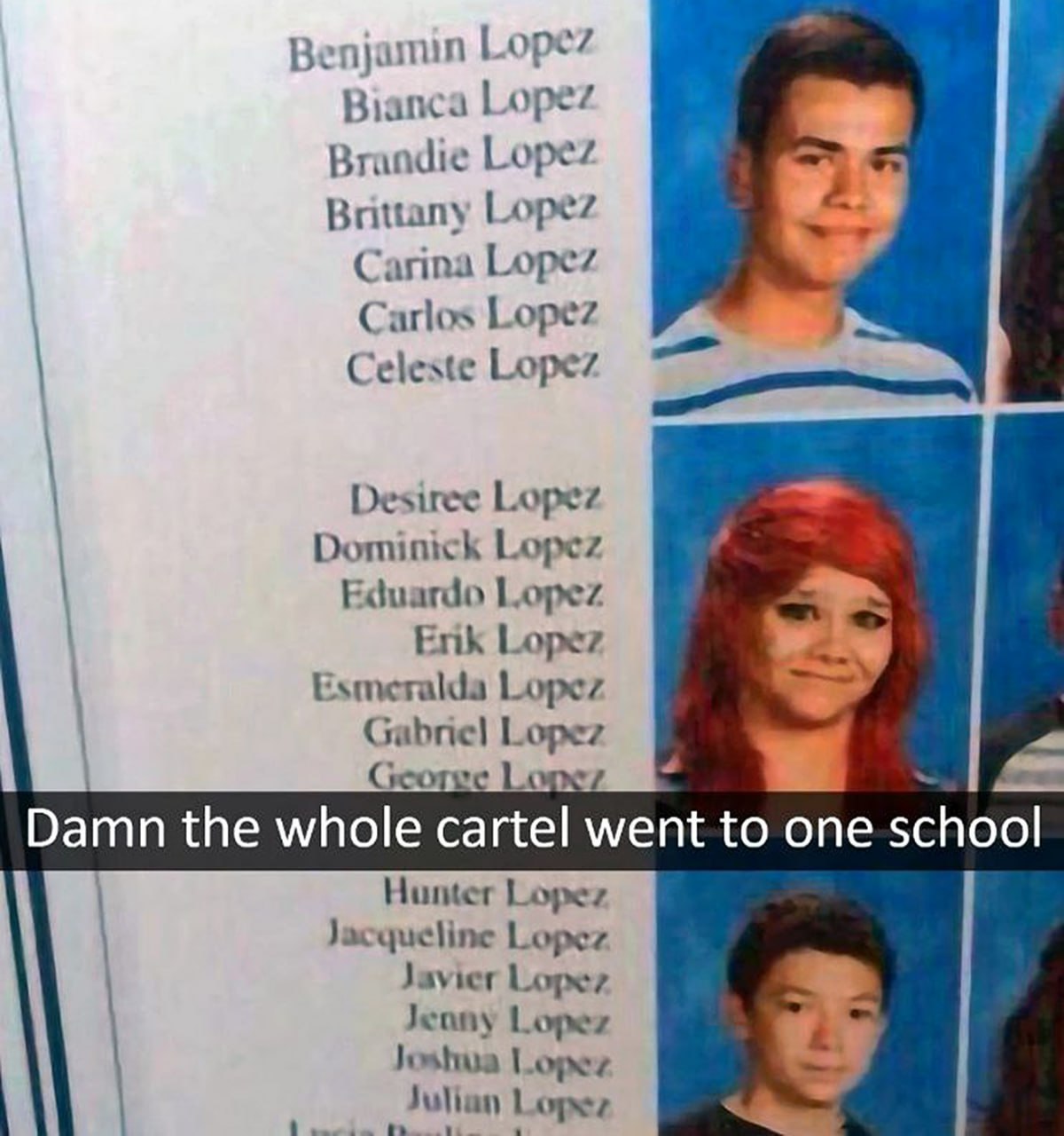 Damn the whole cartel went to one school Мем с текстом: «Damn the whole cartel went to one school» и множеством учеников с фамилией Лопес