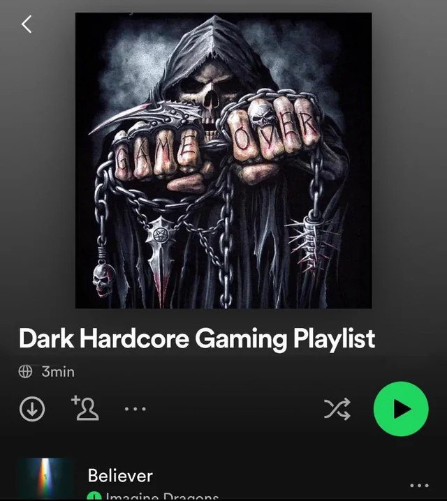 Dark Hardcore Gaming Playlist Spotify Изображение обложки плейлиста Spotify с мрачным скелетом в капюшоне, держащим в руках кулаки с надписью «Game Over» и цепями.