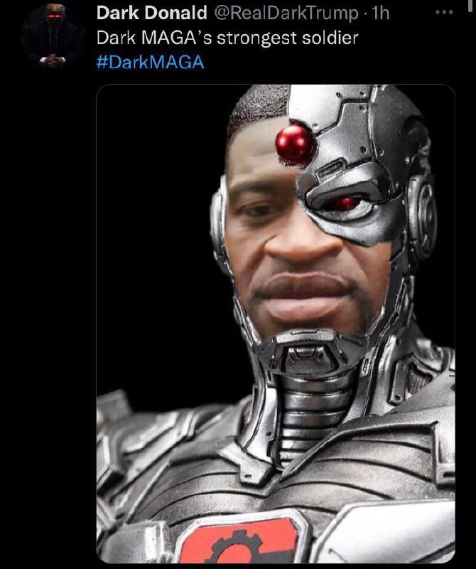 Dark MAGA’s strongest soldier Джордж Флойд в образе Киборга в твите от Dark Donald с надписью Dark MAGA’s strongest soldier