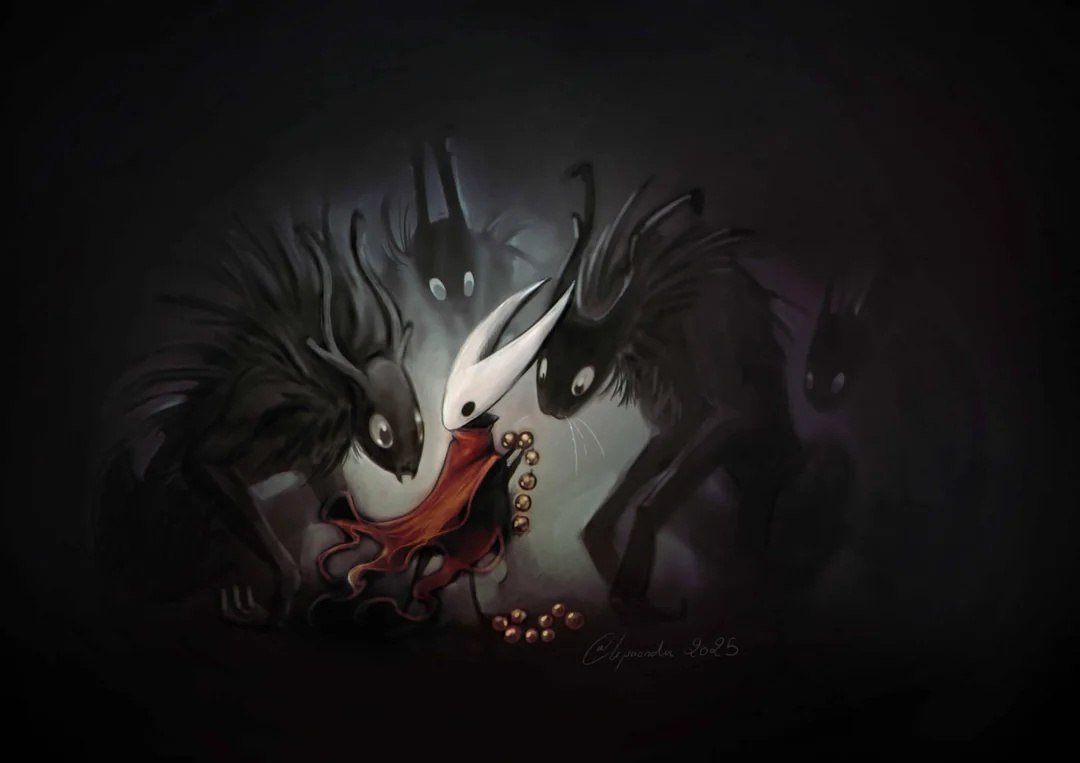 Мрачная сцена из Hollow Knight: белый персонаж с рогами окружён теневыми существами