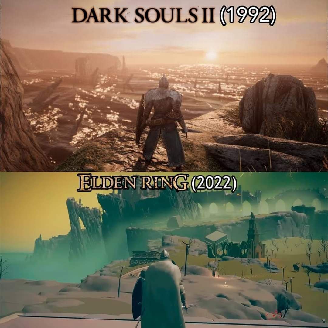Dark Souls II (1992) против Elden Ring (2022) Мем, сравнивающий графику Dark Souls II и Elden Ring, приписывая Dark Souls II более раннюю дату выхода.