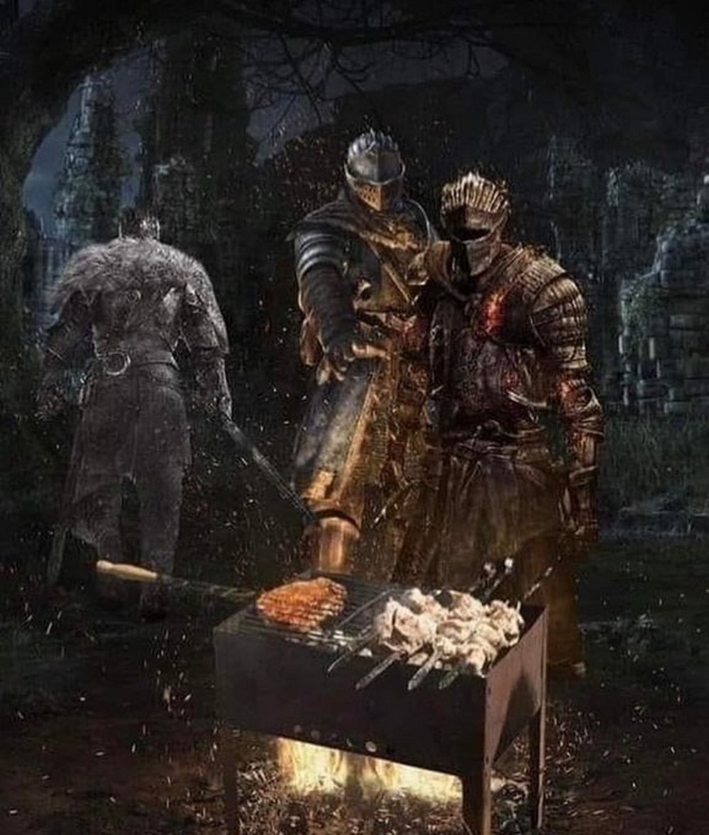 Рыцари Dark Souls жарят шашлык Рыцари из Dark Souls жарят шашлык на мангале в лесу.