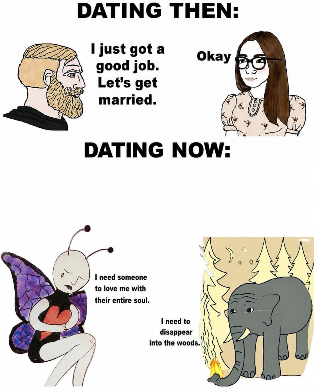 Сравнение «Dating then» и «Dating now»: раньше знакомились ради брака, а теперь — с очень странными и драматичными ожиданиями.