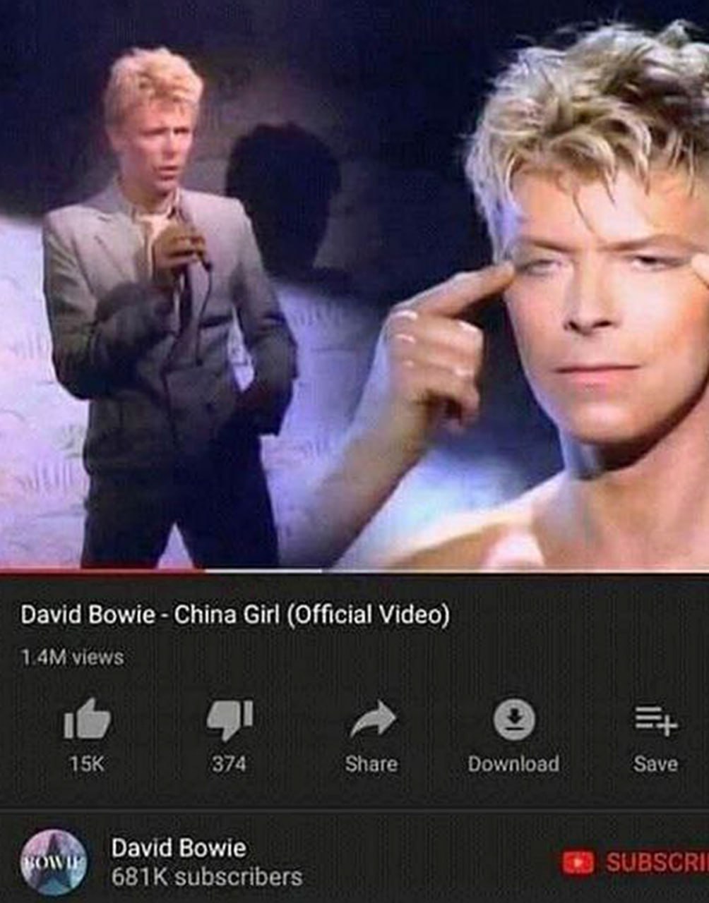 Дэвид Боуи China Girl (Official Video) Мем с Дэвидом Боуи из клипа China Girl, где он держит глаза раскосыми
