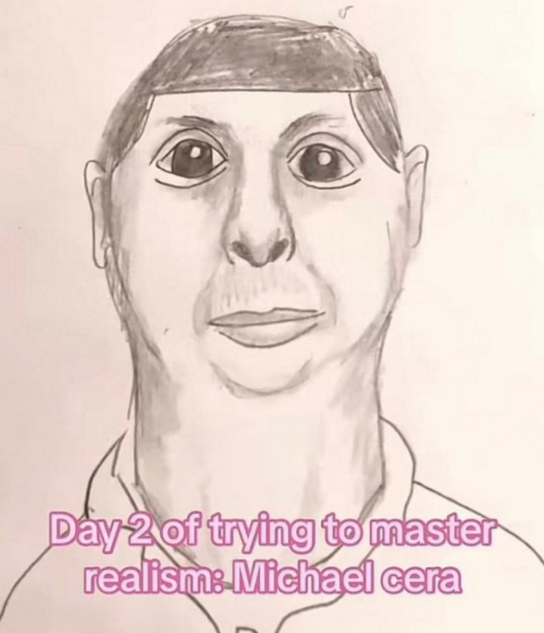 Day 2 of trying to master realism: Michael cera Рисунок Майкла Серы, где он нарисован очень непропорционально. На изображении видно, что это второй день попыток освоить реализм