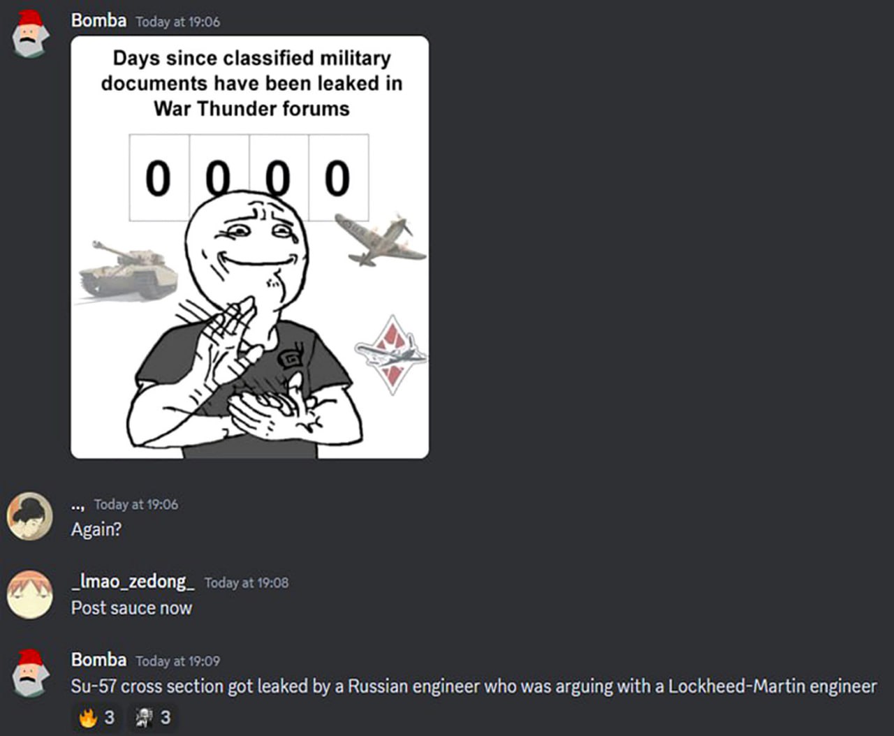 Days since classified military documents have been leaked in War Thunder forums 0 Изображение демонстрирует обнуление счетчика дней после утечки секретных военных документов на форумах War Thunder, с персонажем Wojak, который кажется одновременно довольным и разочарованным. На фоне присутствуют изображения танка, самолета и логотипа игры.