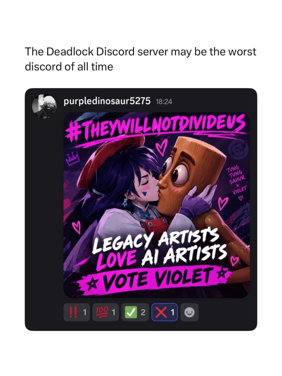 Скриншот Discord-сервера Deadlock с абсурдной AI-агитацией, поцелуем персонажей и призывом голосовать за Violet.