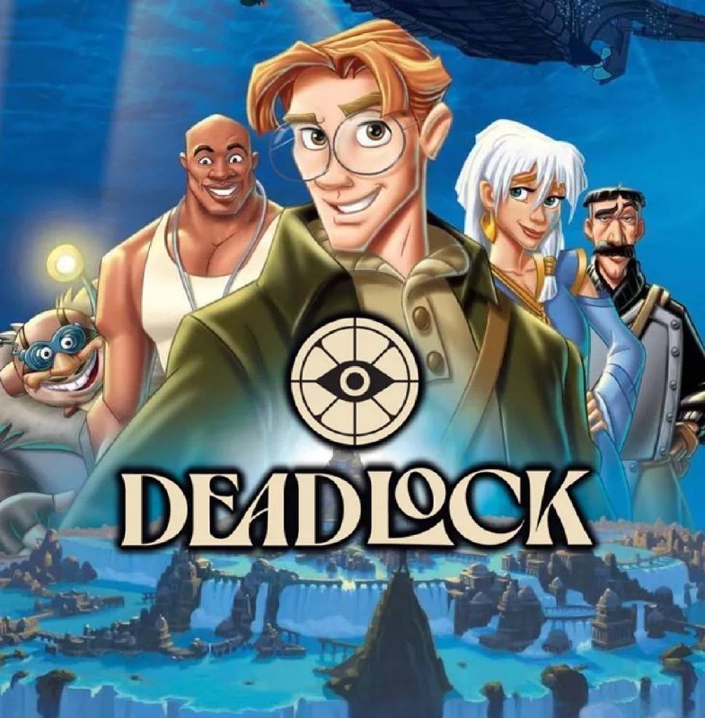Постер «DEADLOCK» с рыжеволосым героем в очках и командой необычных персонажей на фоне фантастического города.