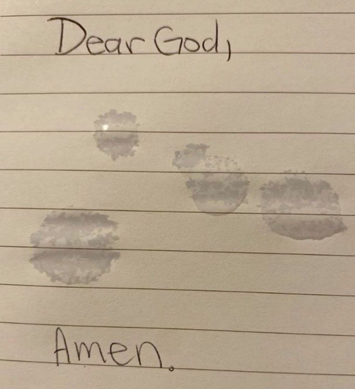 Записка Dear God, Amen Записка с "Dear God, Amen" и пятнами от слез