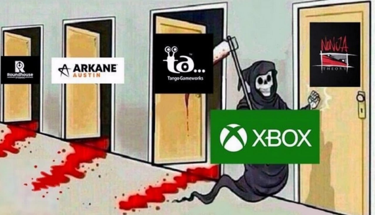 Смерть Xbox закрывает студии Мем про то, как Xbox закрывает студии Roundhouse, Arkane Austin, Tango Gameworks и приближается к Ninja Theory.