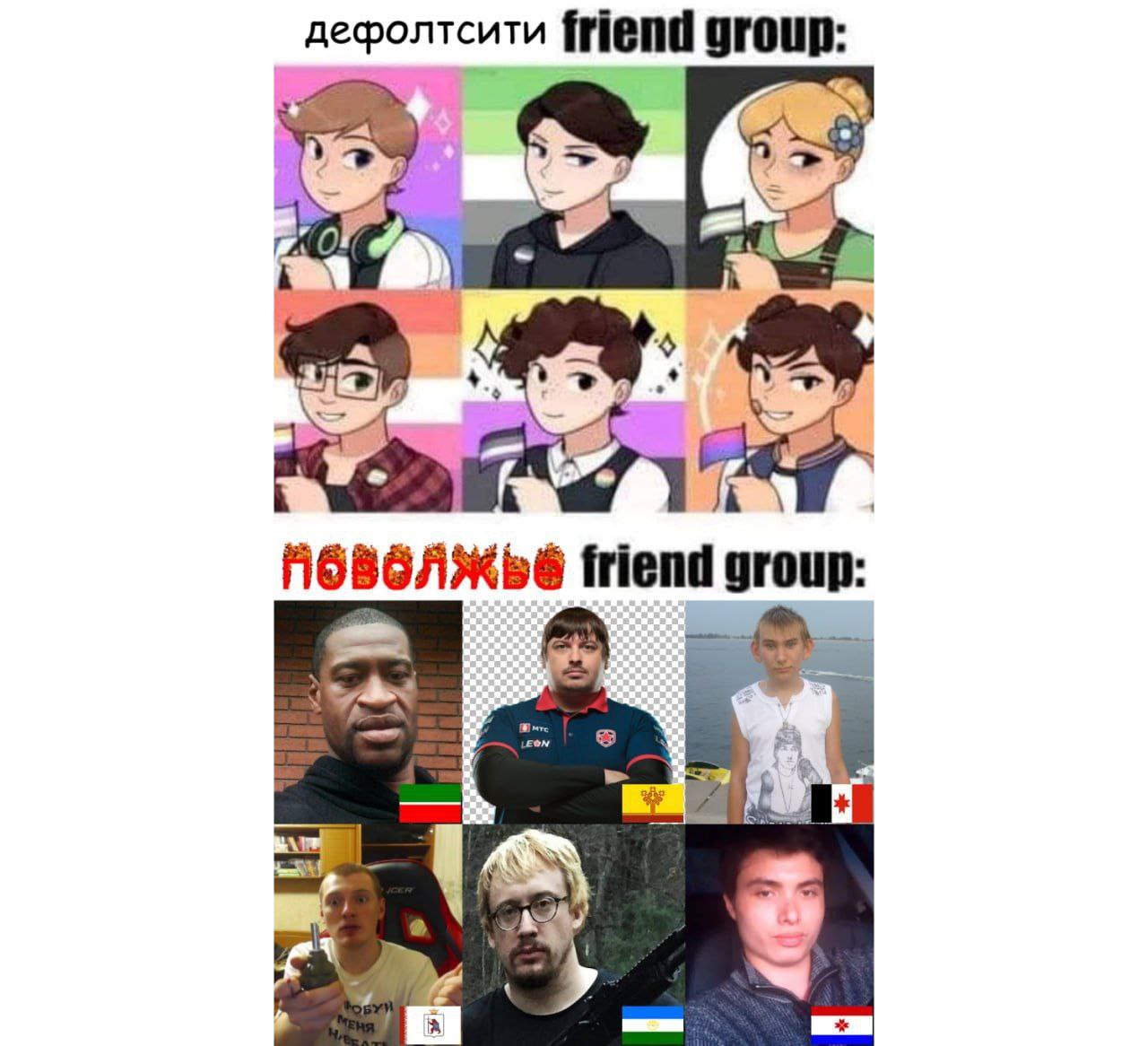дефолтсити friend group vs поволжье friend group Мем, сравнивающий группы друзей из «дефолт-сити» (Москвы) и Поволжья