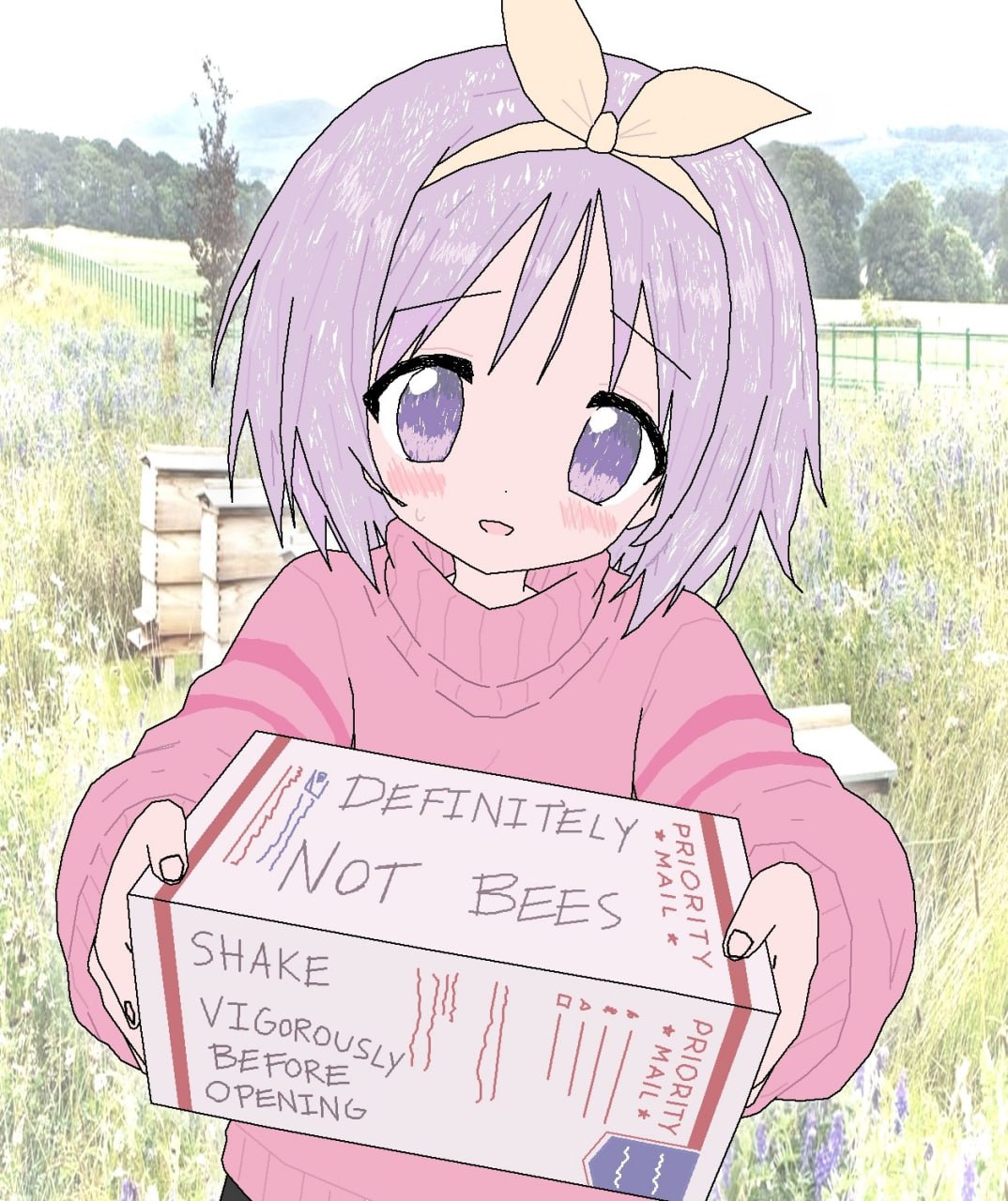 Аниме-девушка держит подозрительную посылку с надписью «DEFINITELY NOT BEES» и инструкцией встряхнуть коробку перед открытием