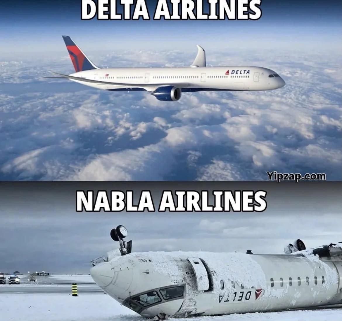 Сравнение Delta Airlines и Nabla Airlines: сверху самолёт в полёте, снизу перевёрнутый лайнер в снегу после аварии.