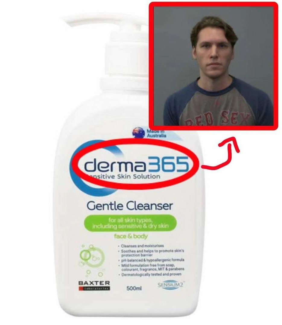 Derma365 и Jerma985 Мем, где надпись на бутылке средства для умывания "Derma365" отсылает на стримера Jerma985, а его фото находится рядом