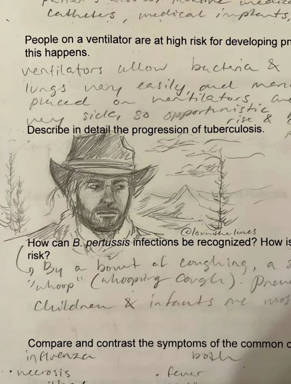 Describe in detail the progression of tuberculosis Мем с фразой "Describe in detail the progression of tuberculosis" и рисунком Артура Моргана из Red Dead Redemption 2 на фоне учебника.