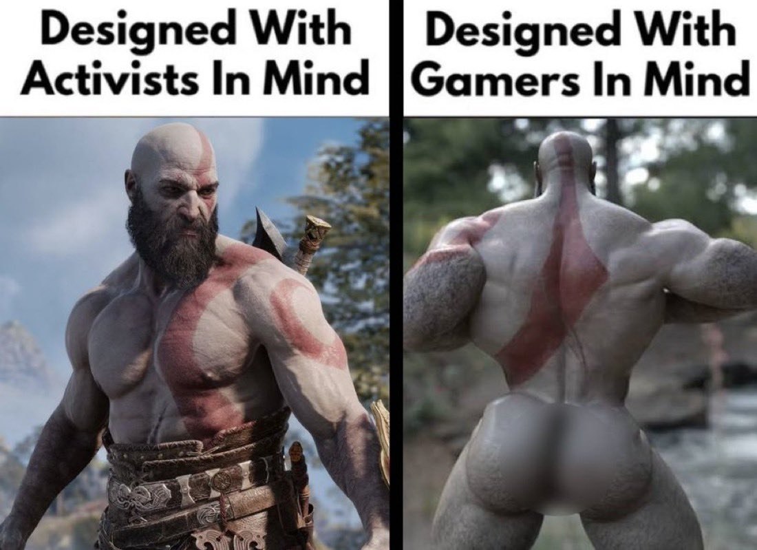Кратос из God of War: спереди он якобы разработан с учётом активистов, а сзади — с учётом геймеров.