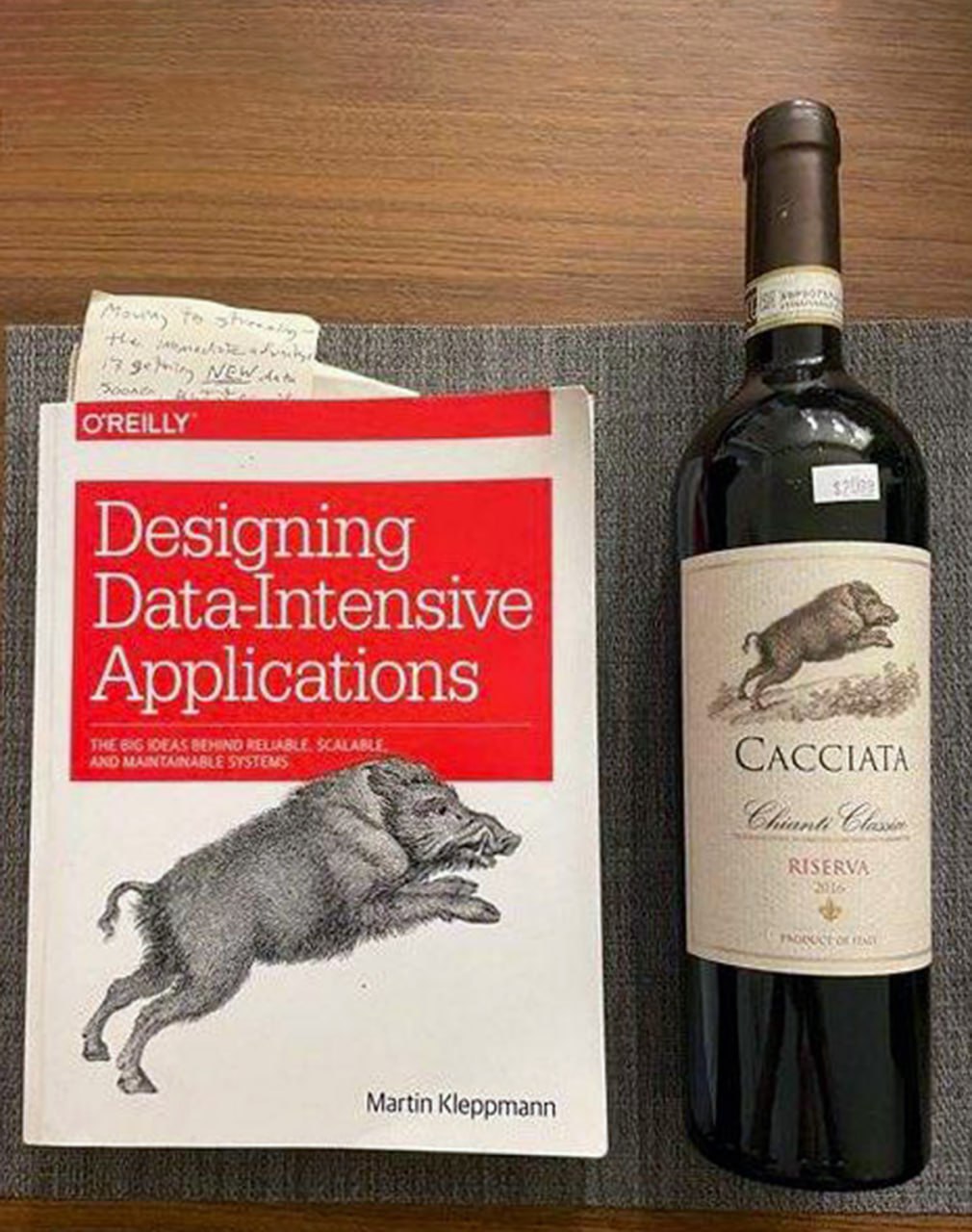 Книга "Designing Data-Intensive Applications" и вино с кабаном Книга "Designing Data-Intensive Applications" и бутылка вина Cacciata Chianti Classico Riserva, на обеих этикетках которых изображен кабан