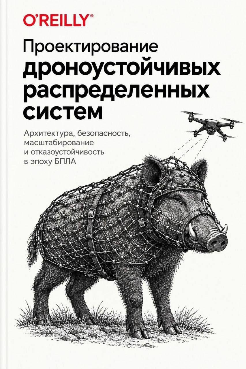 Пародийная обложка книги о проектировании дроностойких распределённых систем: бронированный кабан защищается от дрона.
