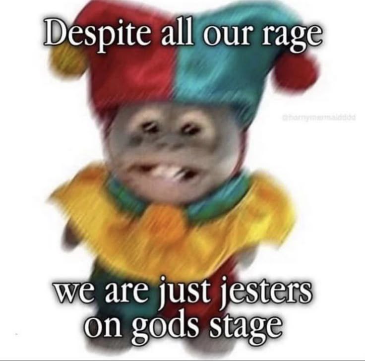 Despite all our rage we are just jesters on gods stage Мем с уродливой обезьянкой в колпаке шута и надписью «Despite all our rage we are just jesters on gods stage»