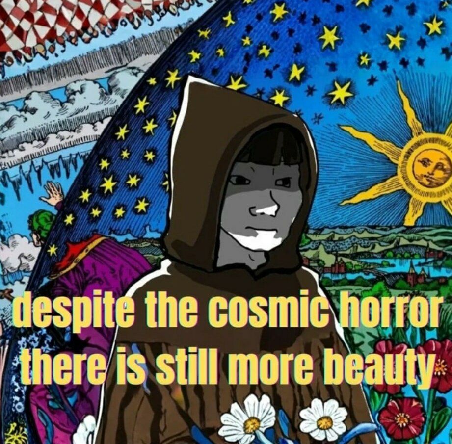 Despite the cosmic horror there is still more beauty Мем с фразой despite the cosmic horror there is still more beauty на фоне рисунка, где человек в капюшоне стоит на земле, а вокруг него космос