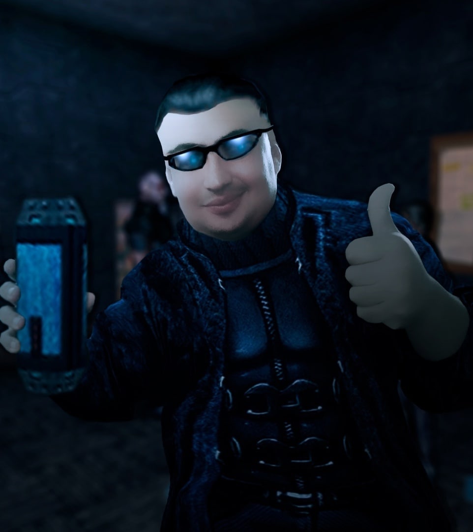 Deus Ex всем давал Мужчина в очках из Deus Ex показывает большой палец вверх и держит светящуюся синюю капсулу.