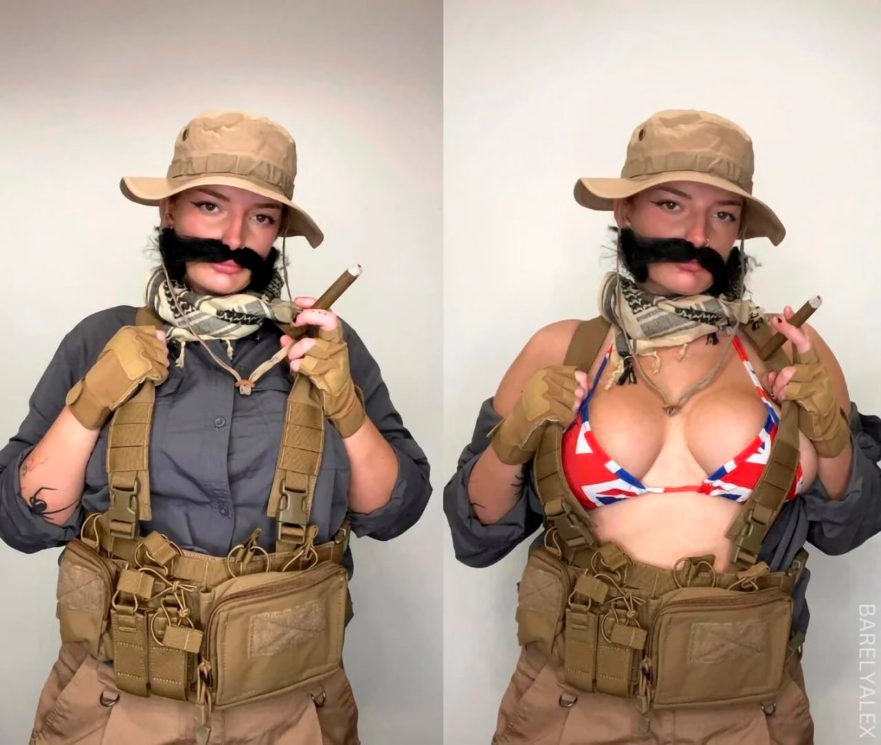 Девушка с усами из Call of Duty в купальнике Девушка с накладными усами в сомбреро, шарфе и тактическом жилете, держит в руках сигару, а потом показывает, что под одеждой у нее купальник с флагом Великобритании