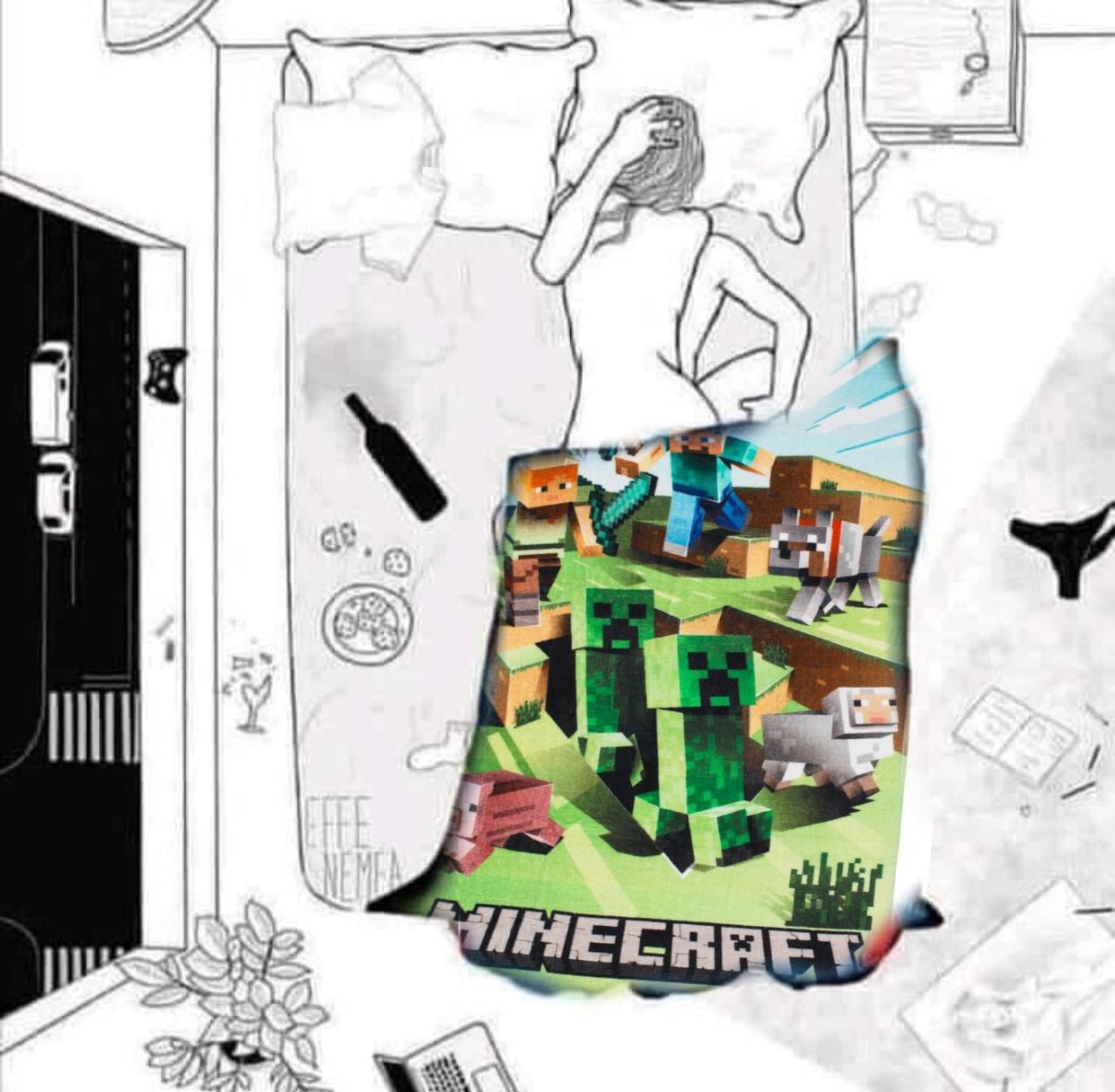Девушка в кровати под одеялом Minecraft Девушка в кровати под одеялом с персонажами Minecraft