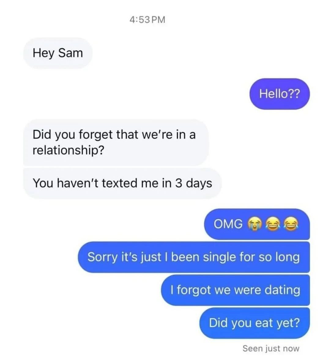 Did you forget that we're in a relationship Переписка, где парень забыл, что он в отношениях, потому что очень долго был один