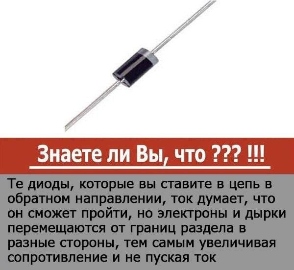 Знаете ли вы, что диоды Диод на белом фоне с надписью "Знаете ли вы, что те диоды, которые вы ставите в цепь в обратном направлении, ток думает, что он сможет пройти, но электроны и дырки перемещаются от границ раздела в разные стороны, тем самым увеличивая сопротивление и не пуская ток".