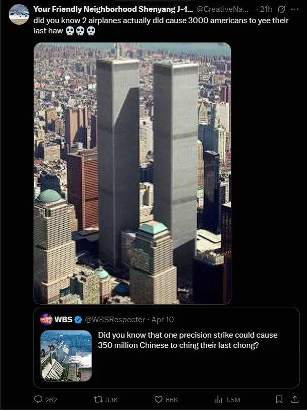 Did you know 2 airplanes actually did cause 3000 americans to yee their last haw Скриншот из Твиттера с двумя постами, в которых пользователи делятся «фактами» на чувствительные темы. В первом посте - фотография башен-близнецов Всемирного торгового центра, во втором - изображение Великой Китайской стены.