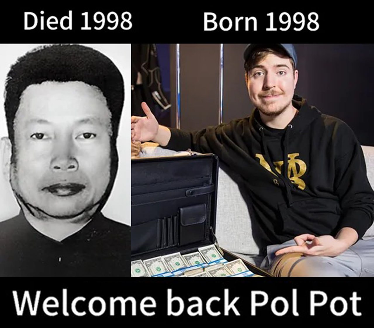 Welcome back Pol Pot Мем, где сравниваются Пол Пот и MrBeast, родившиеся и умершие в одном году