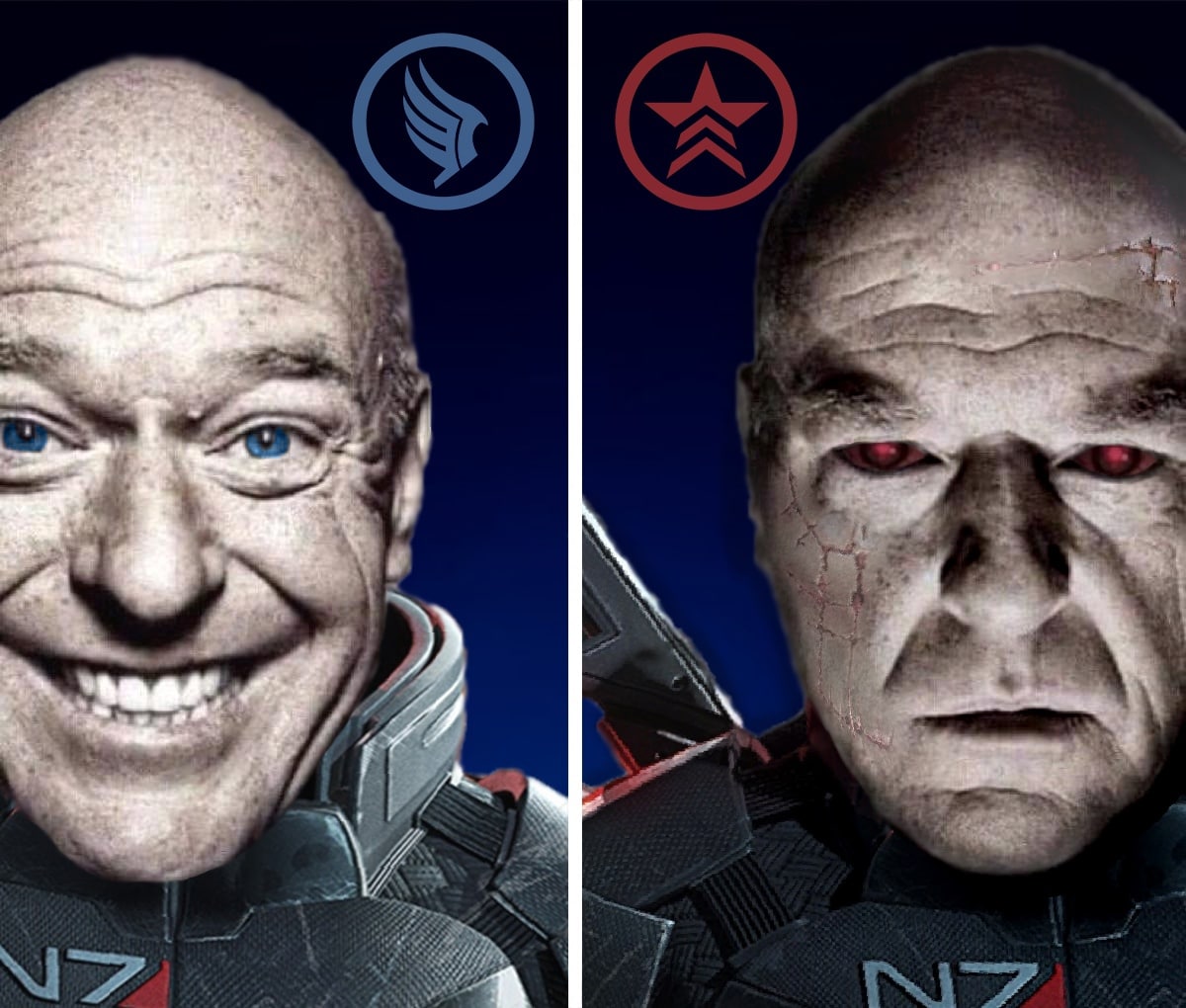 Мем с Дингом из Breaking Bad в образе Шепарда Мем с Дингом из Breaking Bad, который изображает Шепарда из Mass Effect с хорошей и злой кармой.