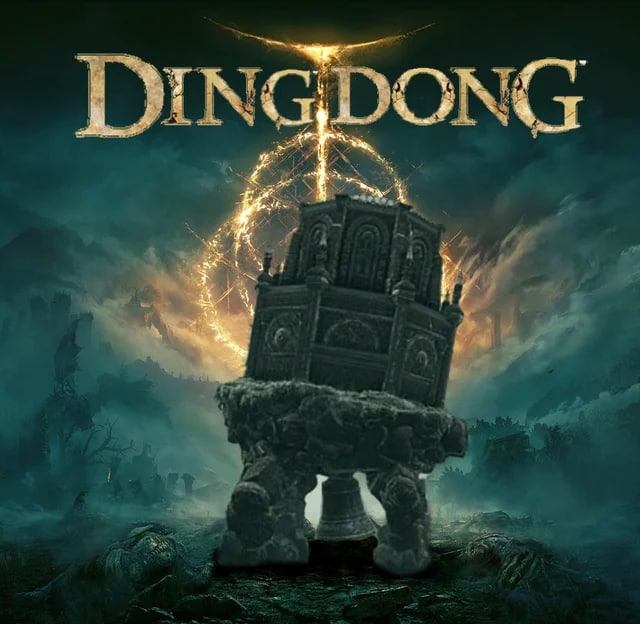 Dingdong Мем с Walking Mausoleum из игры Elden Ring с измененным логотипом игры "Dingdong"