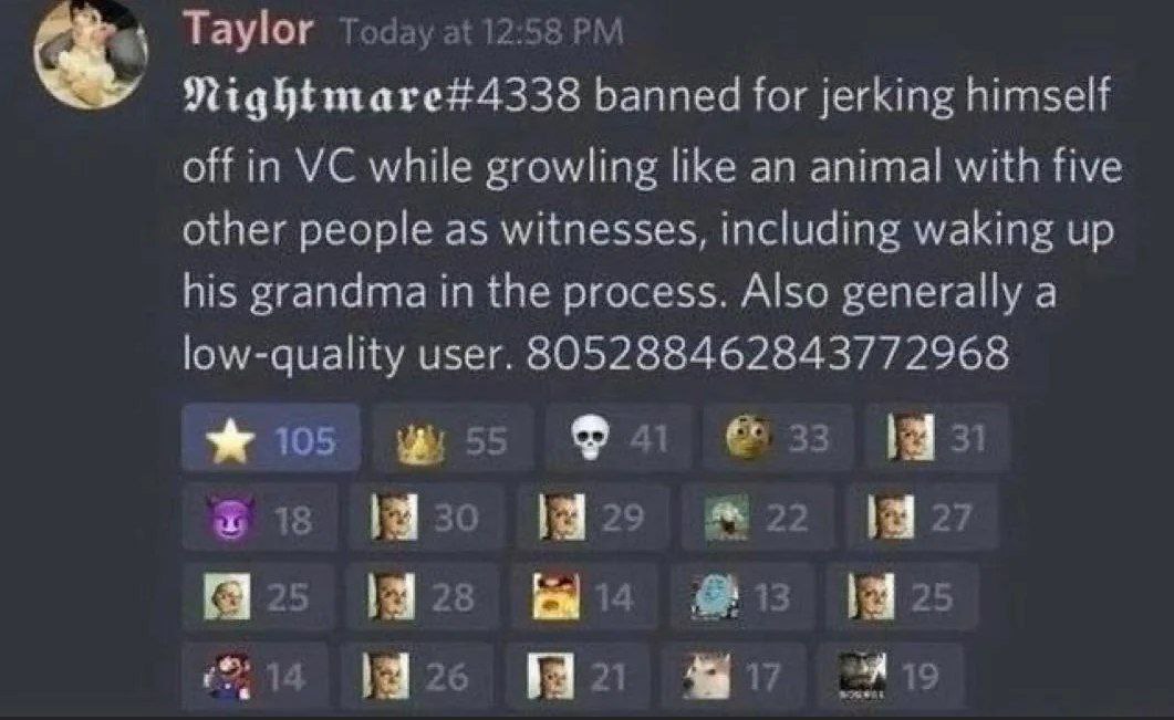 Бан в Discord за непристойное поведение Скриншот сообщения в Discord о бане пользователя Nightmare#4338 за непристойное поведение в голосовом чате, включая рычание и пробуждение бабушки.
