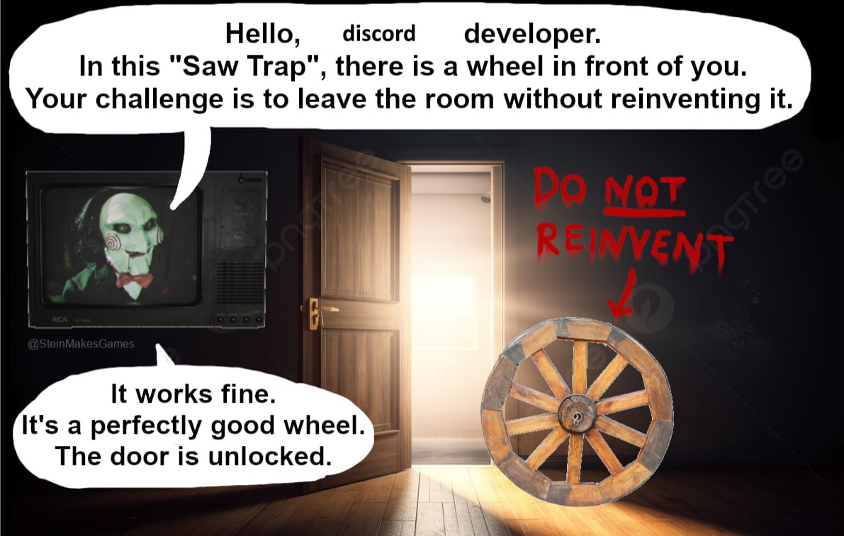 Мем про discord developer в ловушке Saw Trap с колесом и надписью Do not reinvent. 