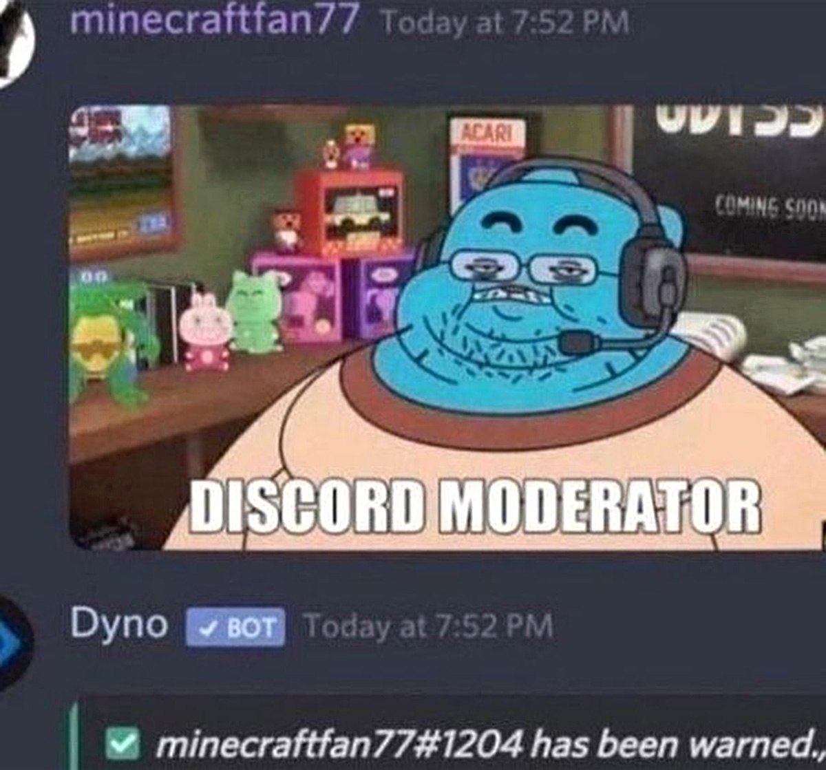 Discord moderator Мем с модератором Дискорда, который предупреждает пользователя.