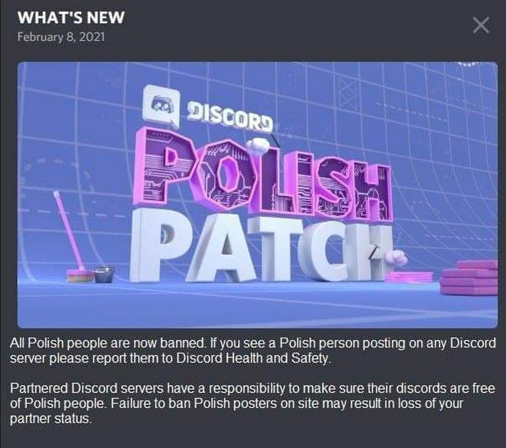 Discord Polish patch Мем с объявлением Discord о бане всех поляков