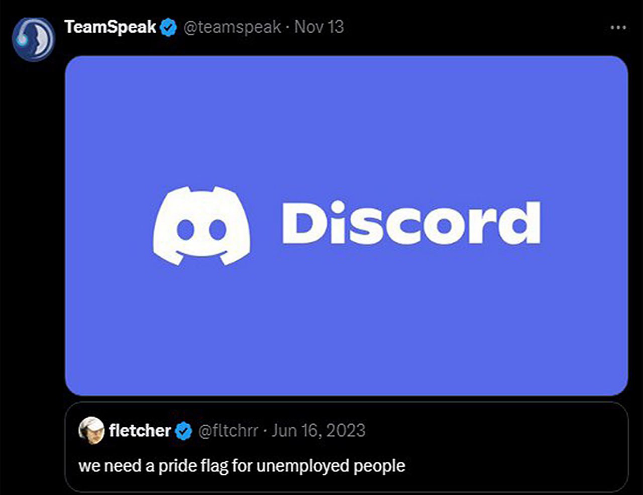 Флаг гордости для безработных TeamSpeak Discord Мем, где TeamSpeak в ответ на сообщение о создании флага гордости для безработных, показывает логотип Discord.