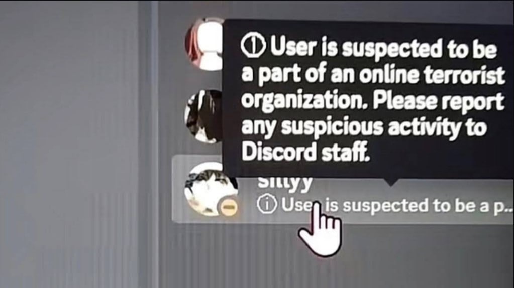 Пользователь подозревается в причастности к террористической организации Discord Мем с предупреждением Discord о пользователе, подозреваемом в причастности к онлайн-террористической организации
